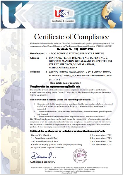 Pressure Equipment Directive (PED) Certificate